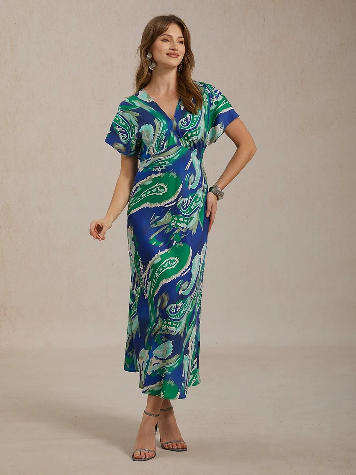 How to Style a Satin Batwing Top: 9 Elegant Outfit Ideas for Women 15 Vacation Satin Green Paisley Print Maxi Dress